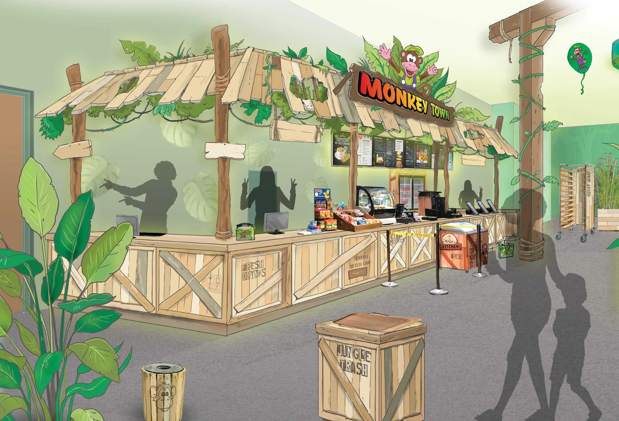 Ontwerpillustratie voor de nieuwe Monkey Town bar uit 2019