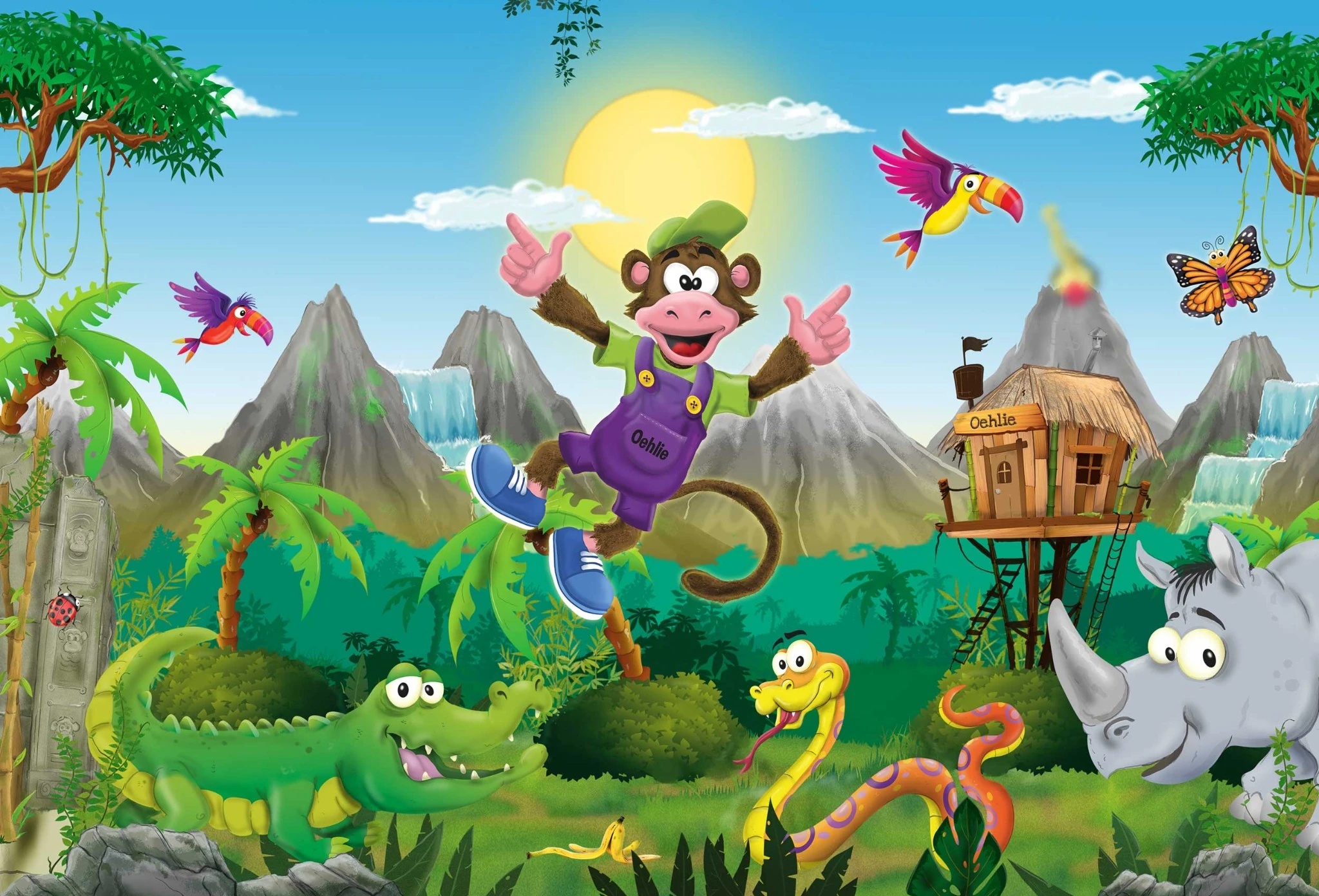 Oehlie en de geïllustreerde junglewereld met dieren en zijn huis