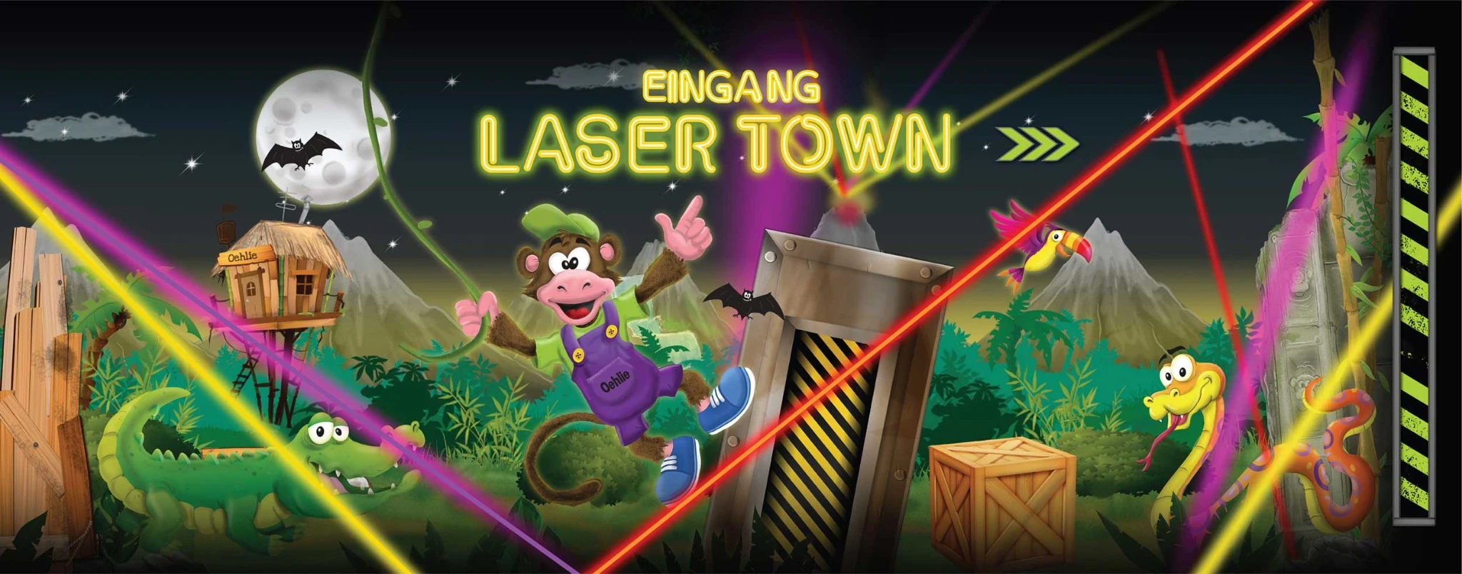 Illustratie voor de ingang van Laser Town met Oehlie en gekleurde laserstralen