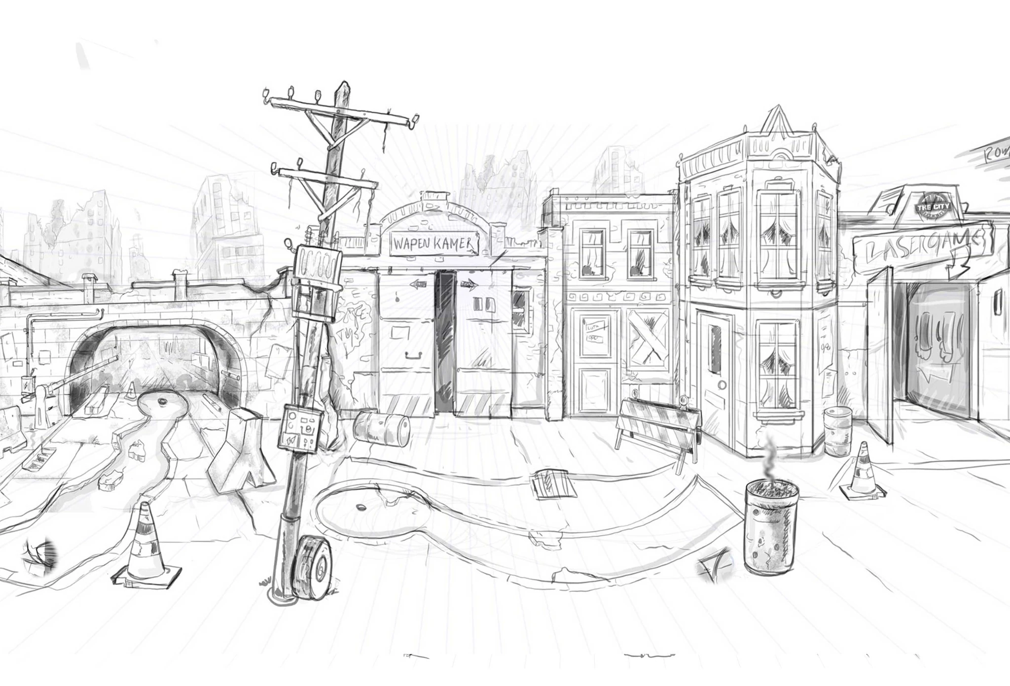 Ontwerpschets van een stadsdecor met speelbanen