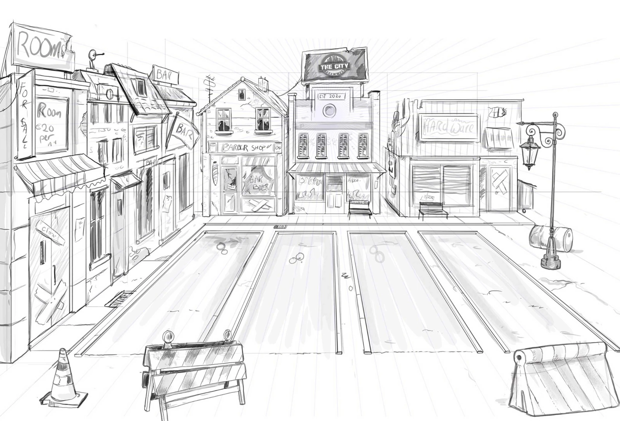Ontwerpschets van het plein met jeu-de-boulesbanen
