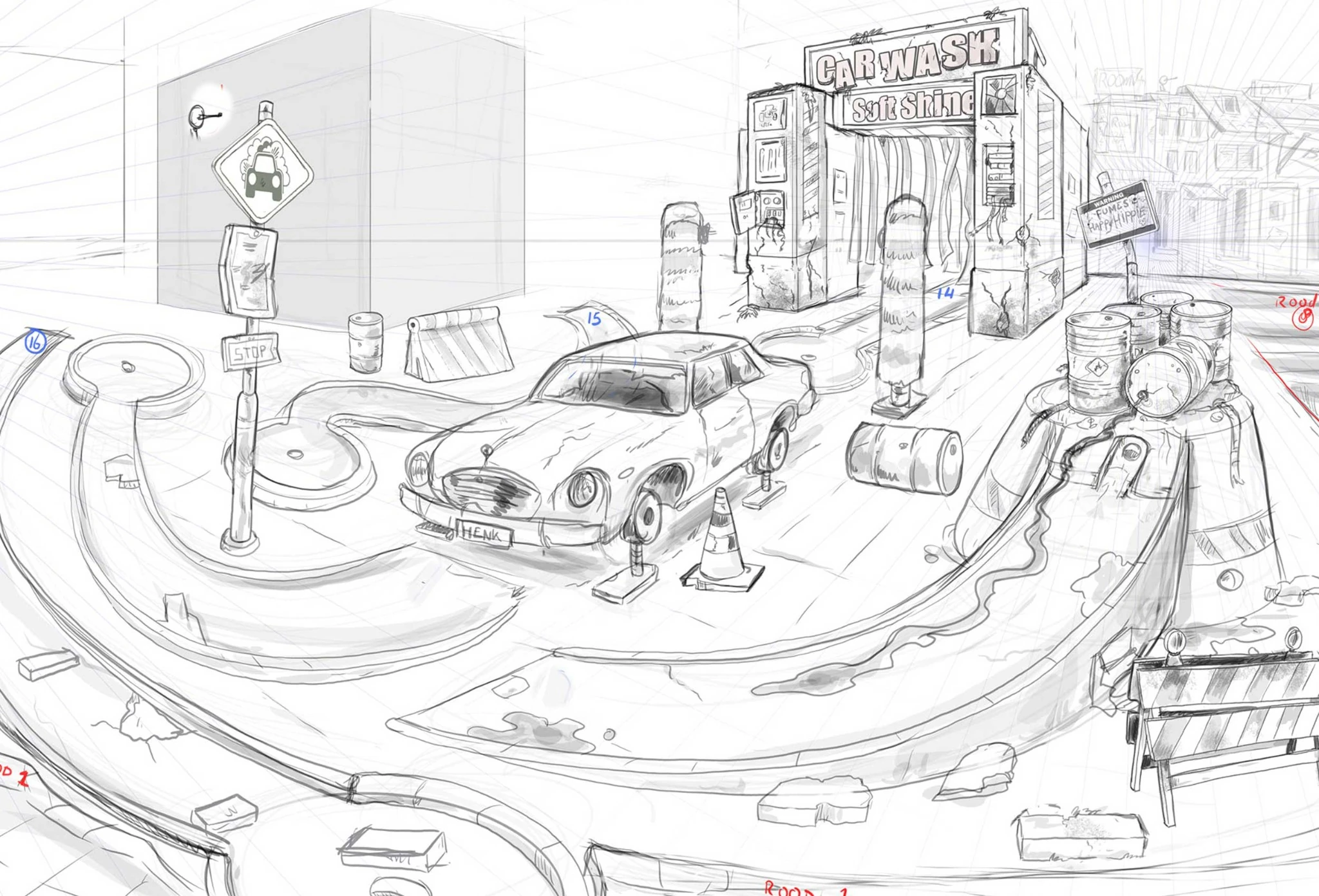 Ontwerpschets van minigolf met auto en carwashdecor