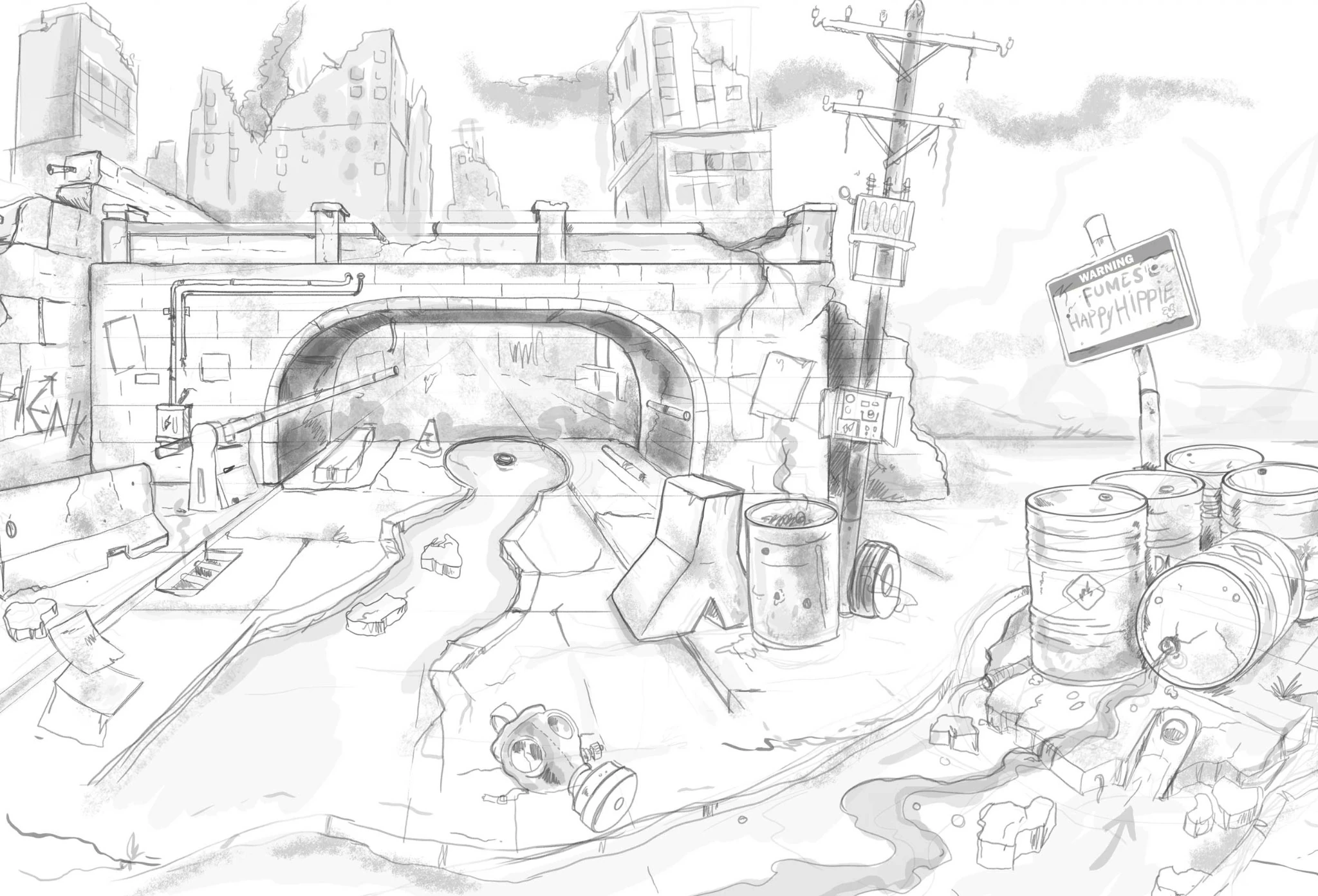 Ontwerpschets van minigolf onder een brug
