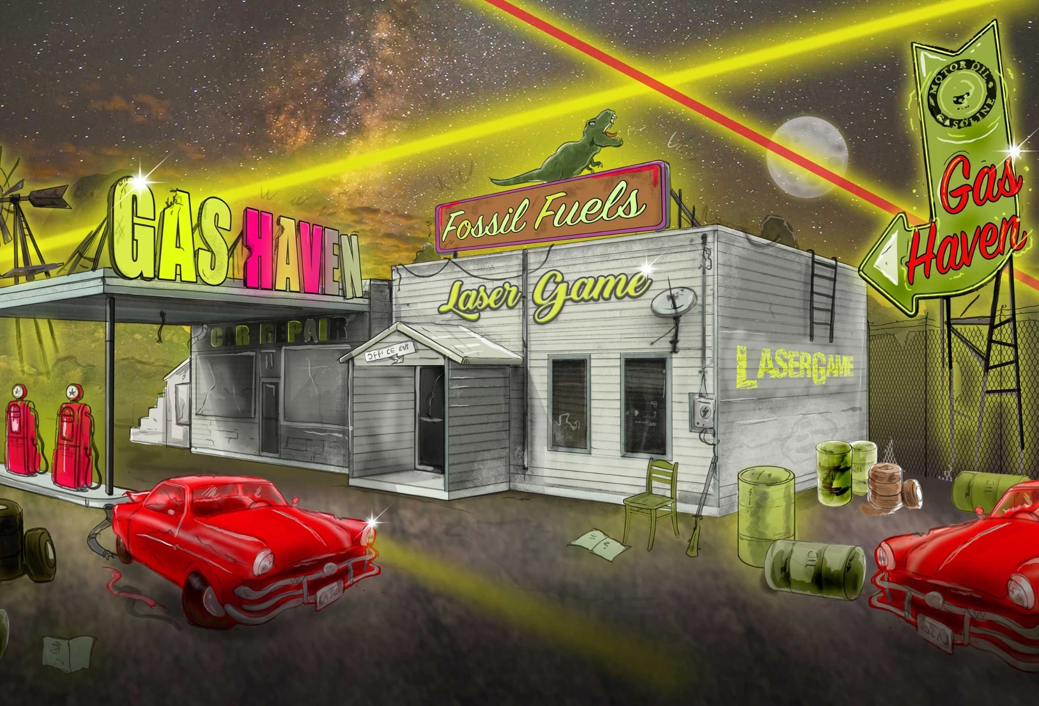 Uitgewerkt sfeerontwerp voor de lasergameomgeving met gasstation