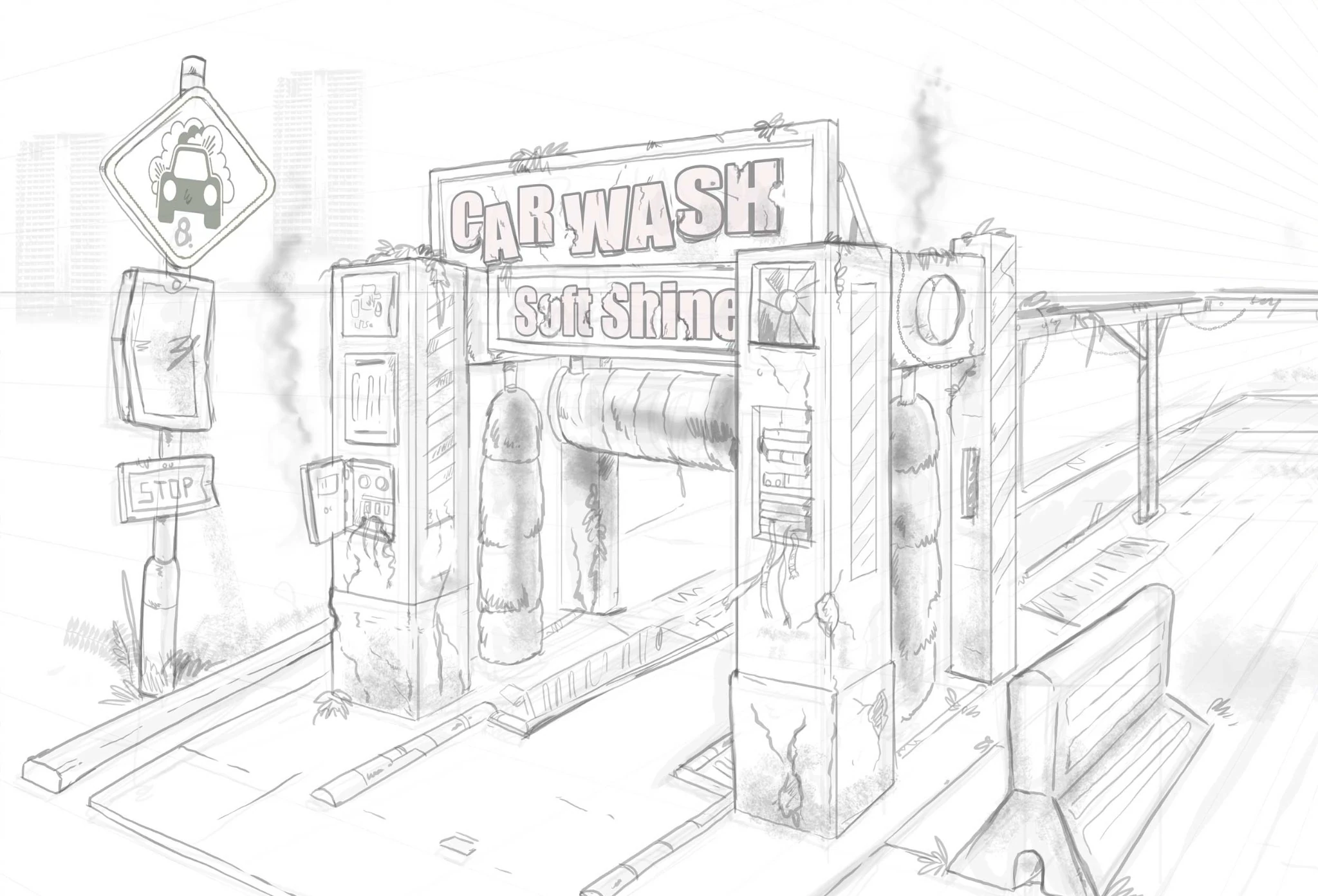 Potloodschets van de carwashgevel voor The City