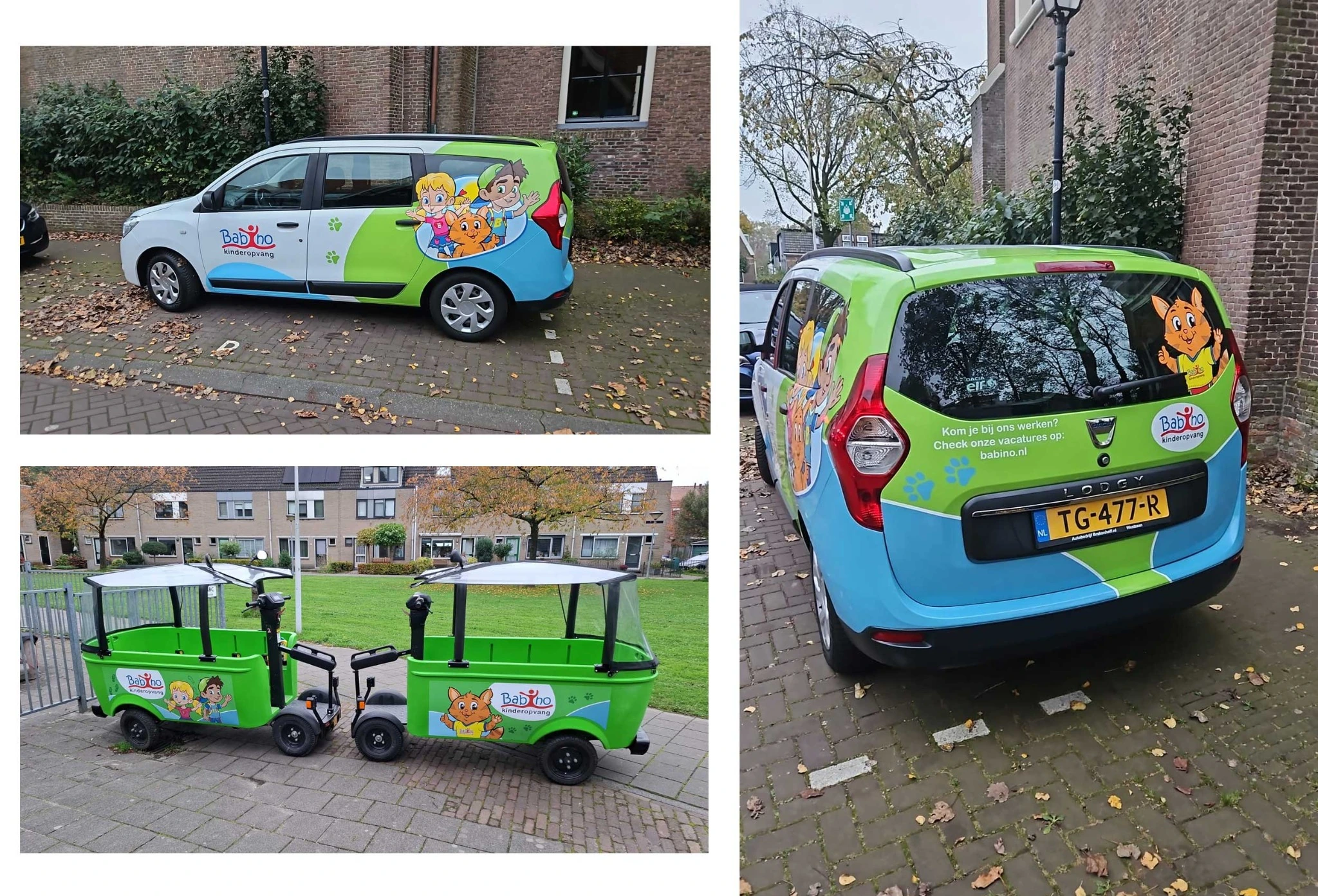 Babino-characters toegepast op auto’s, een bus en kinderwagens