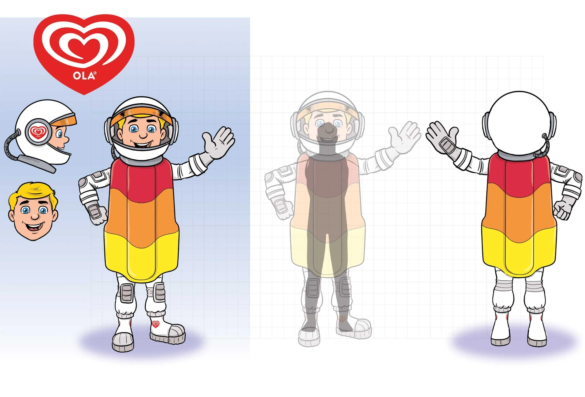 Characterontwerp en aanzichten van de Ola Raket-astronaut