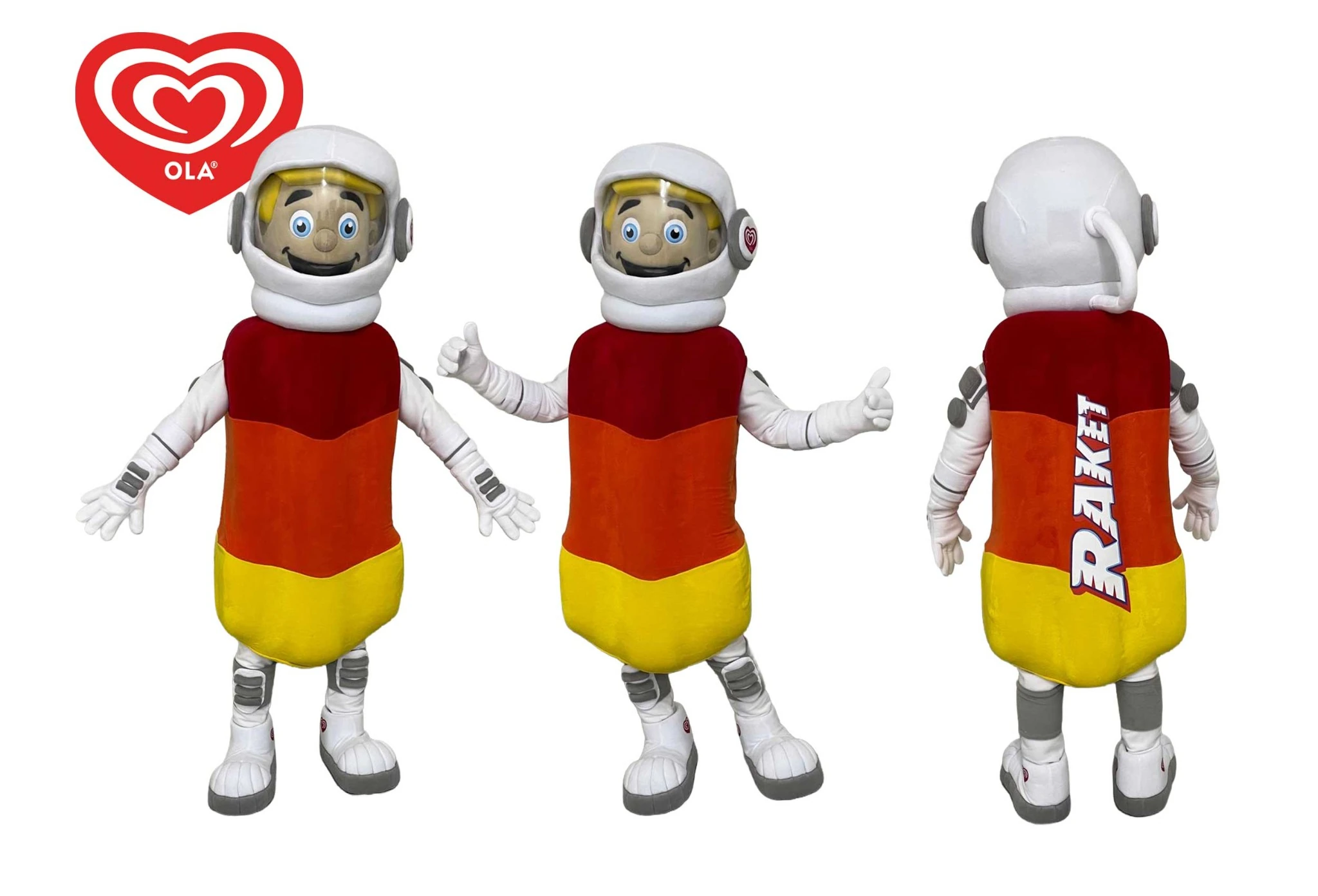 Het gerealiseerde Ola Raket-mascottepak in meerdere aanzichten
