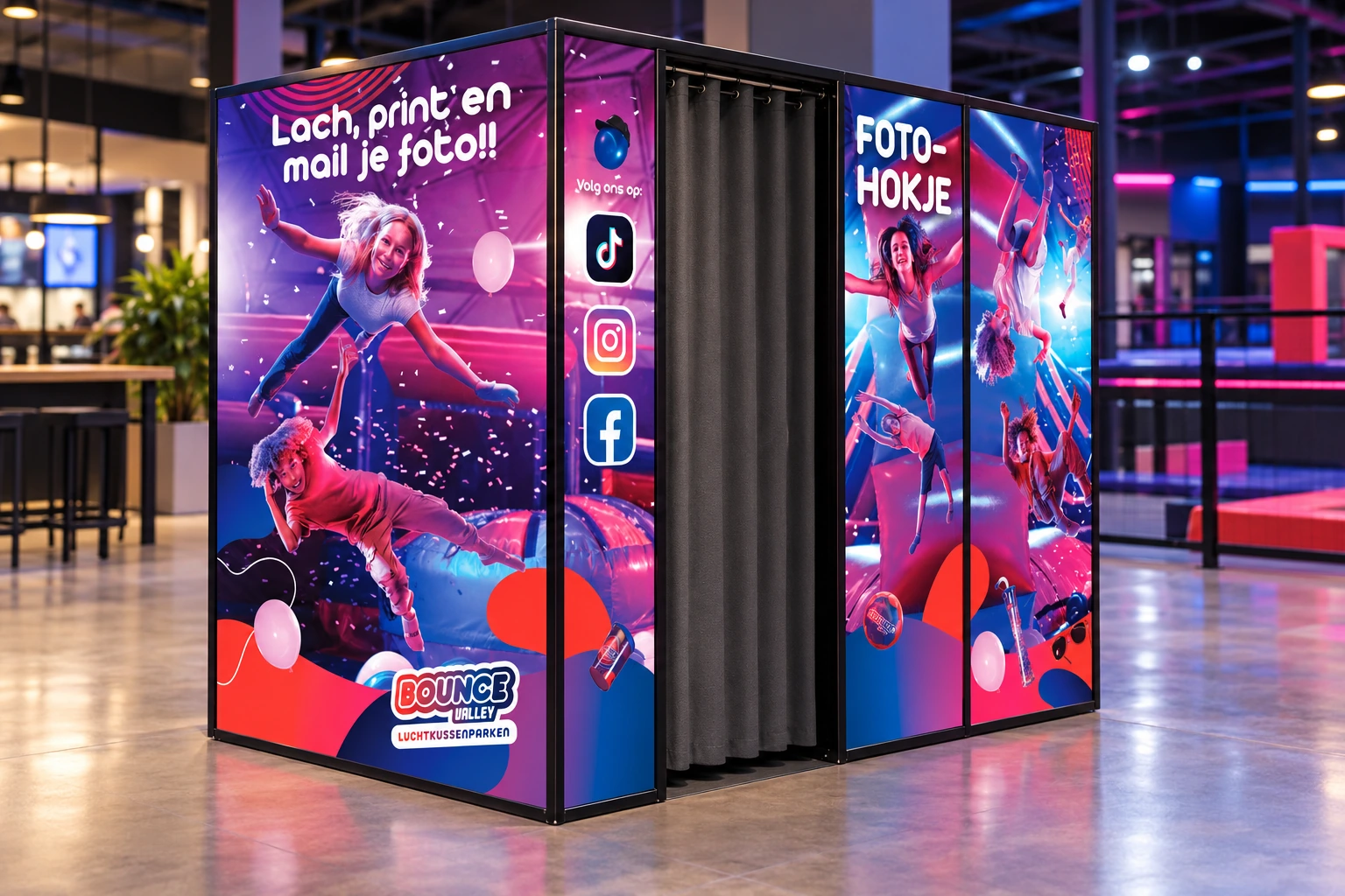 Realistische mock-up van het fotohokje met Bounce Valley wandontwerp