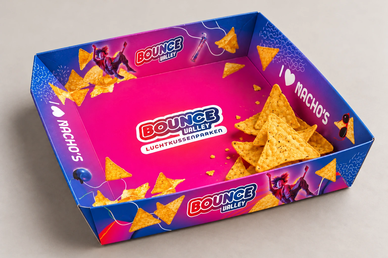 Realistische mock-up van het ontworpen Bounce Valley nachobakje