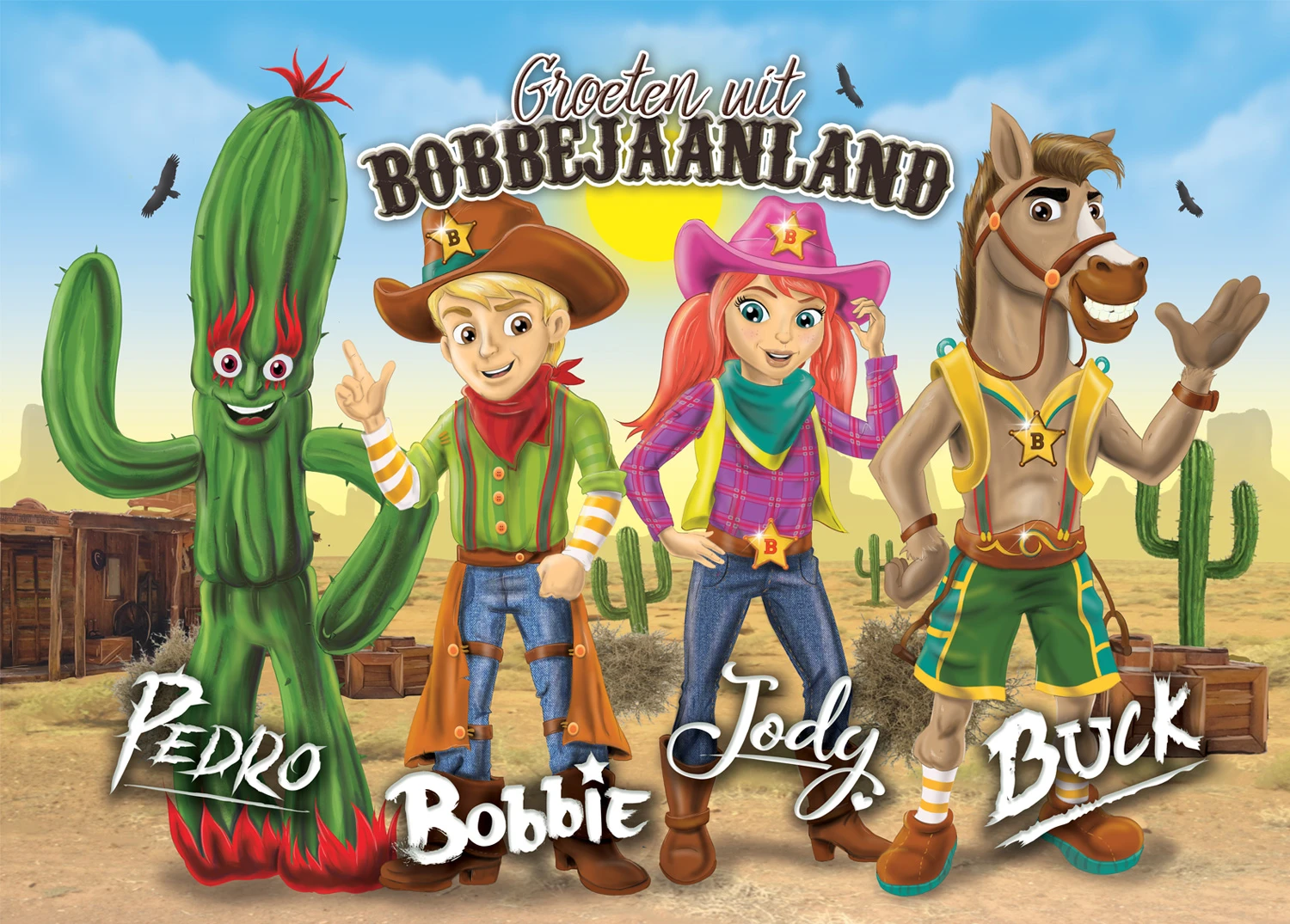 Bobbejaanland characters Pedro, Bobbie, Jody and Buck in a western setting