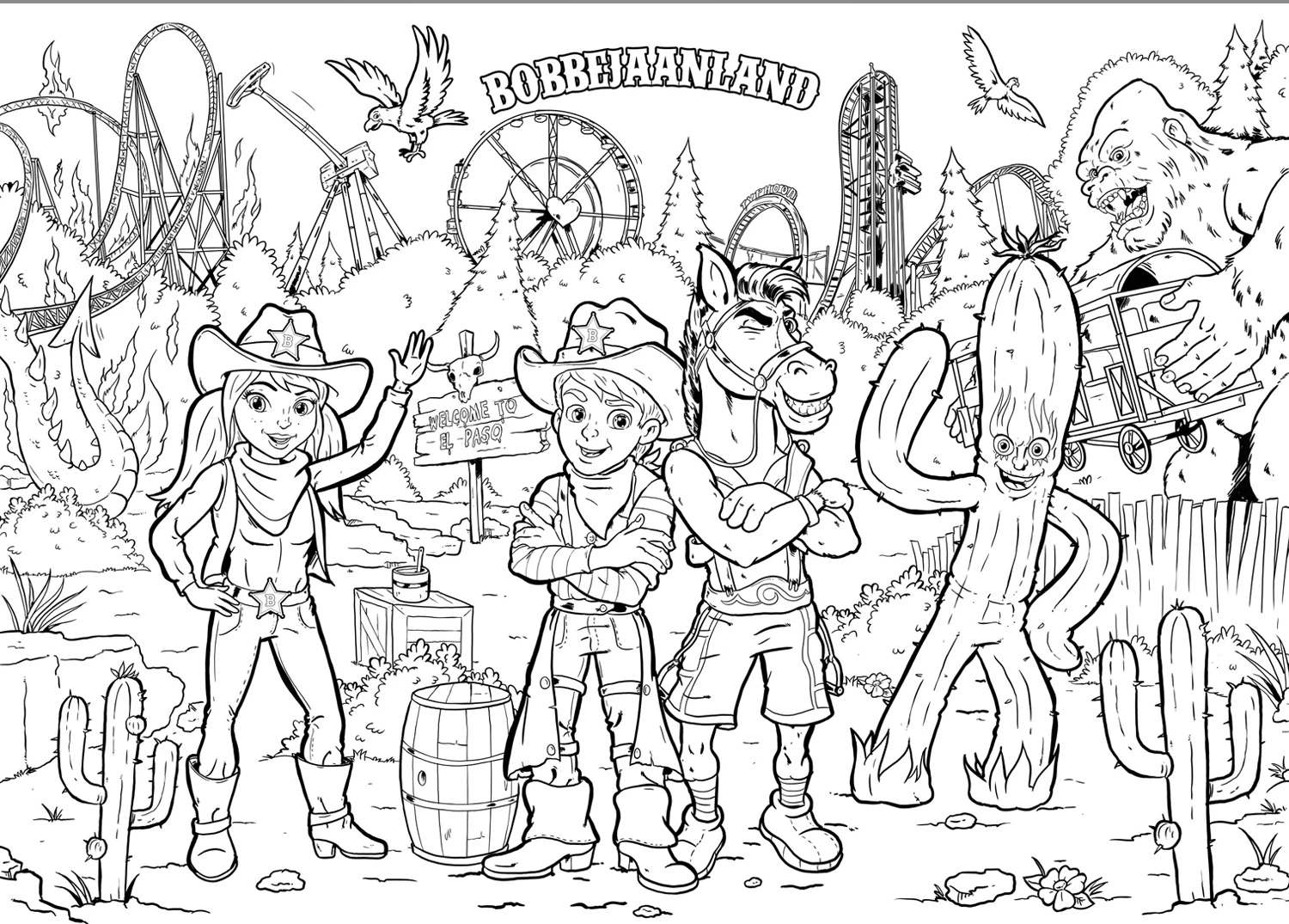 Black-and-white colouring page with Bobbejaanland characters and attractions