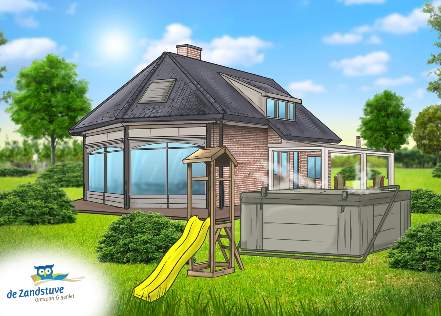 Illustrative visual of a holiday home with a slide and terrace