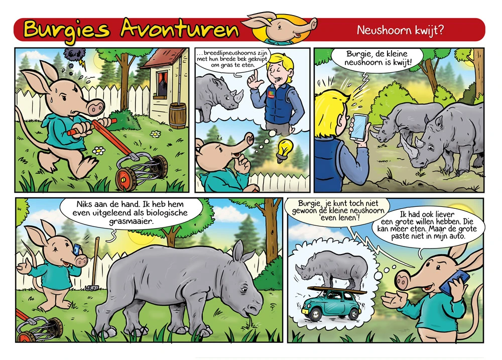 Burgie comic with a rhinoceros and a lawnmower
