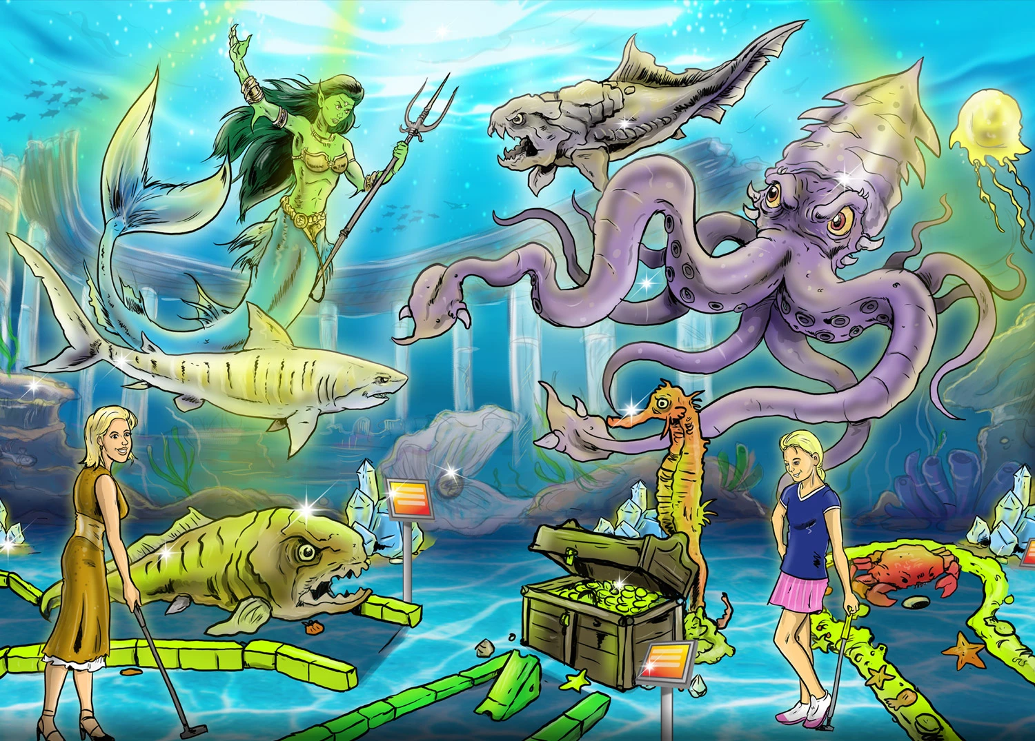 Fantasy minigolf concept illustration with sea monsters and an underwater world