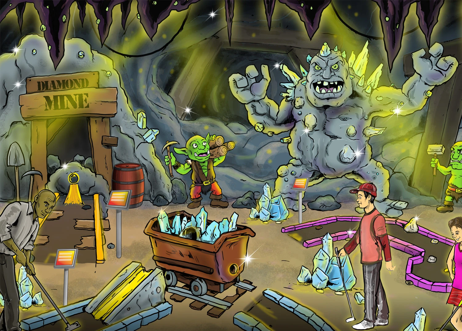 Fantasy minigolf concept illustration with a mine, crystals and fantasy creatures
