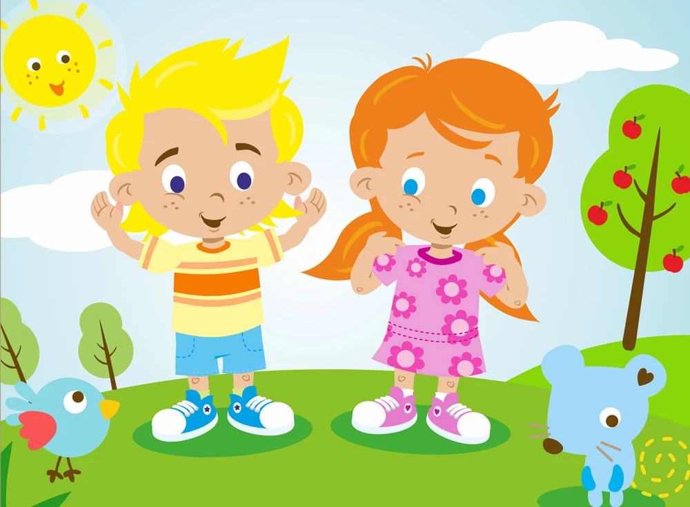 Pampers illustration with two children in a colourful landscape