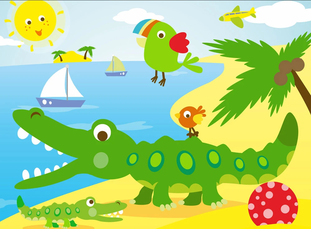 Pampers illustration with a crocodile, parrot and boats