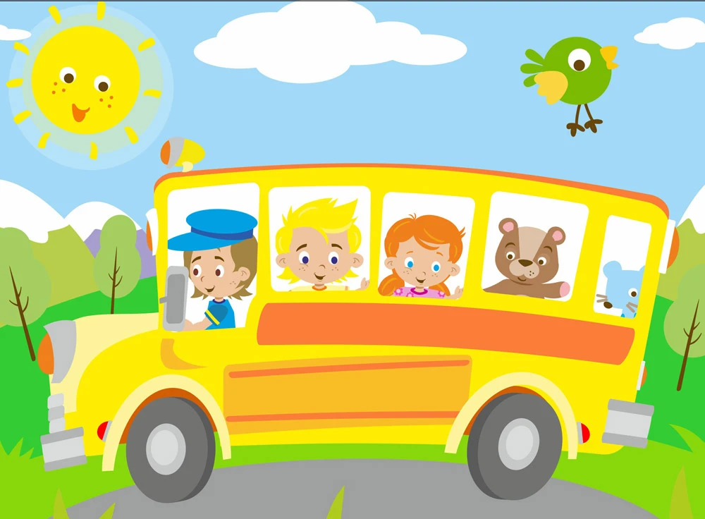Children's illustration for Pampers with a yellow bus, children, animals and a bird