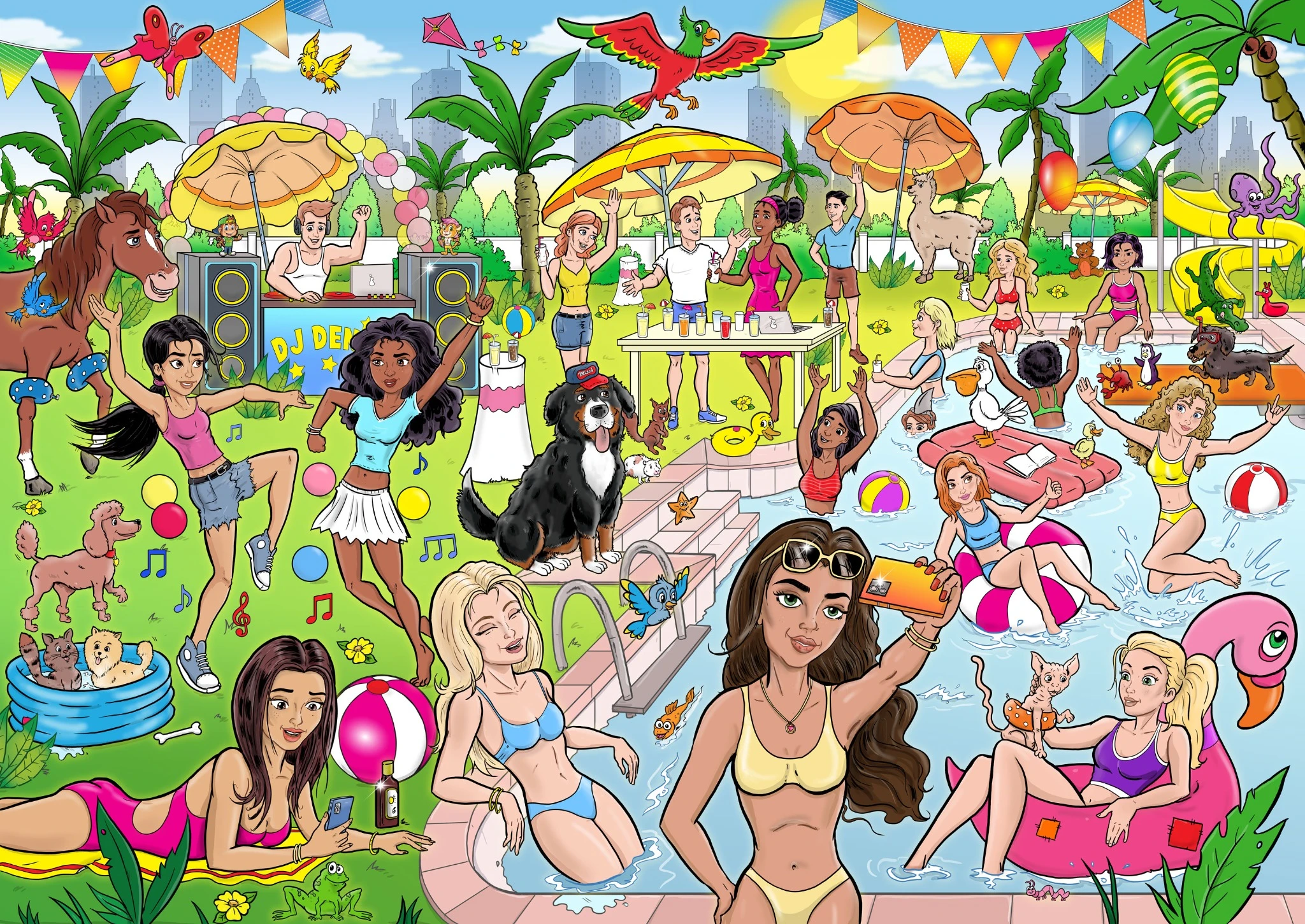 Colourful party illustration with a swimming pool, selfies and many characters
