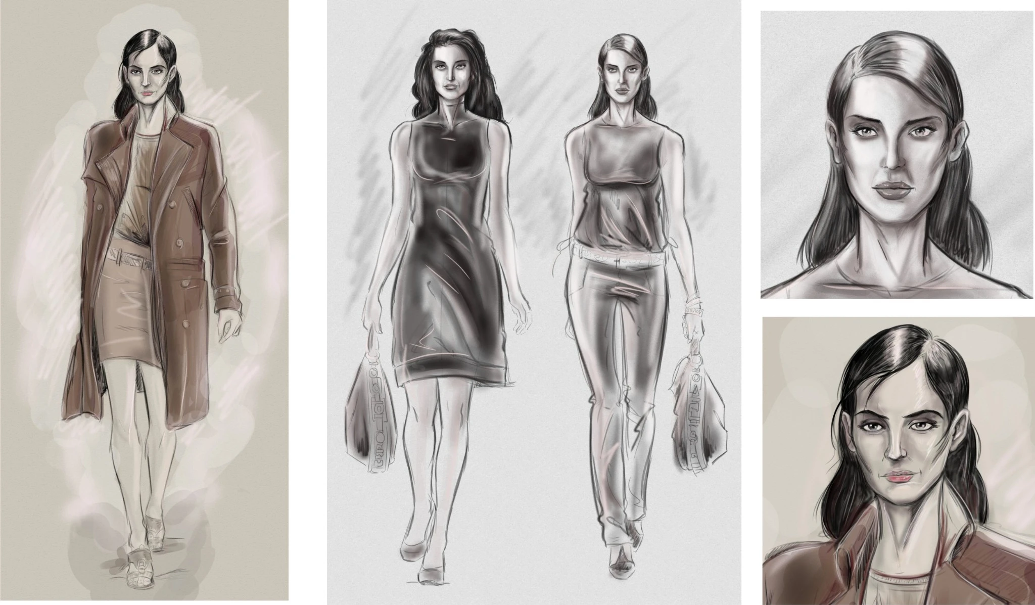 Pencil studies of fashion figures, clothing and portraits