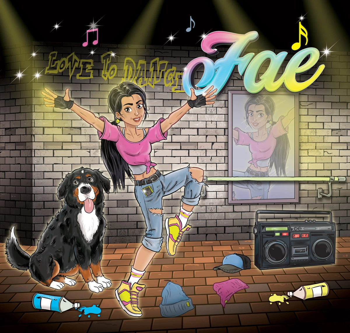 Stylised illustration of Fae with a dog, music and fashion accessories