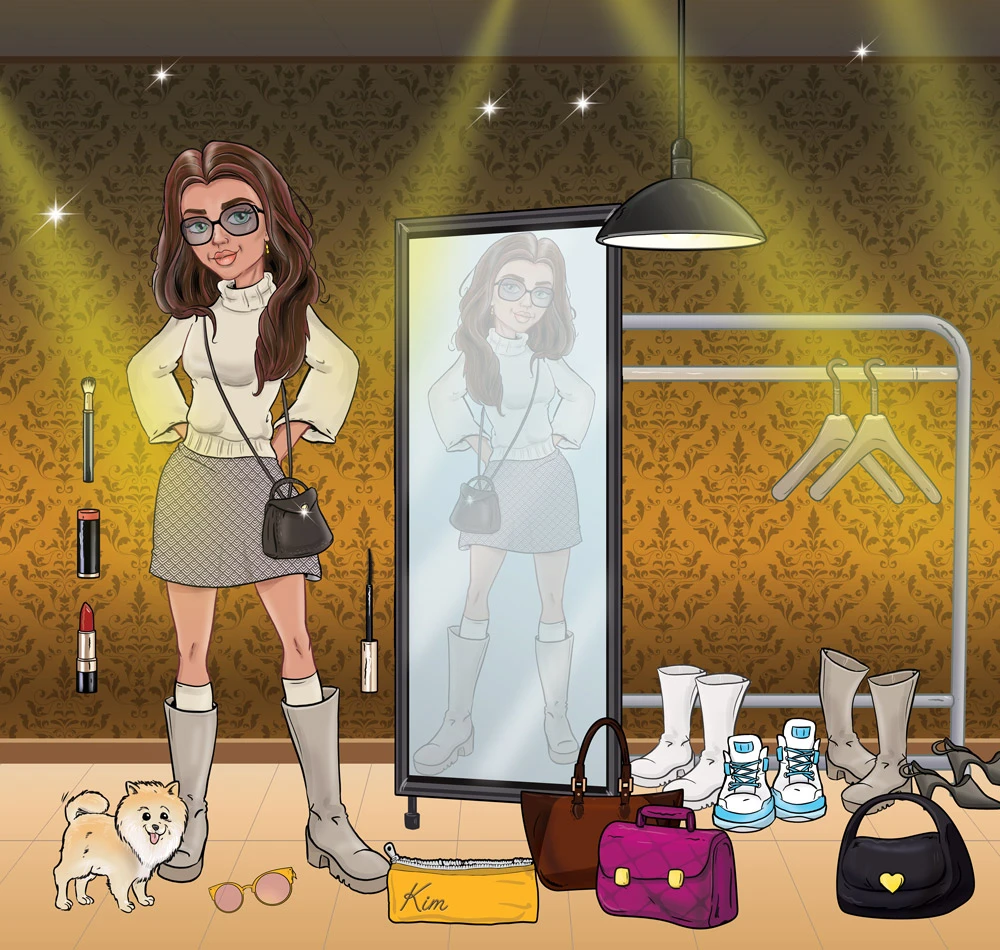 Stylised illustration of Kim with clothing and accessories