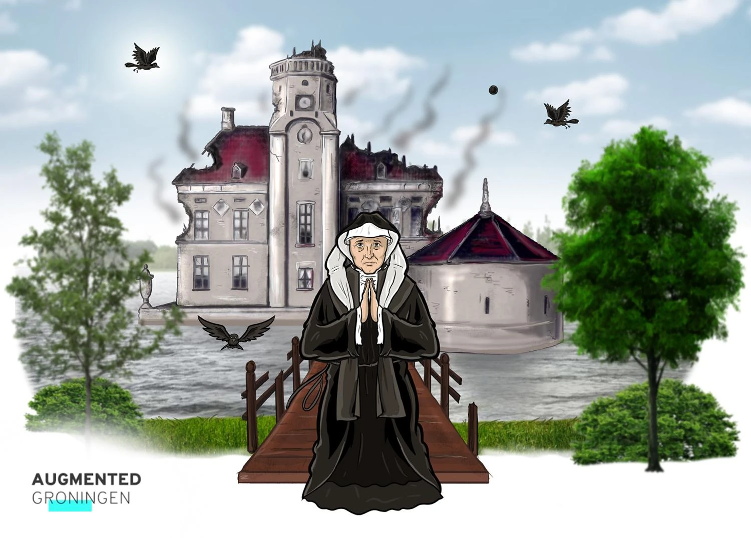 Historical scene for Augmented Groningen with a woman, a castle and separate environmental details