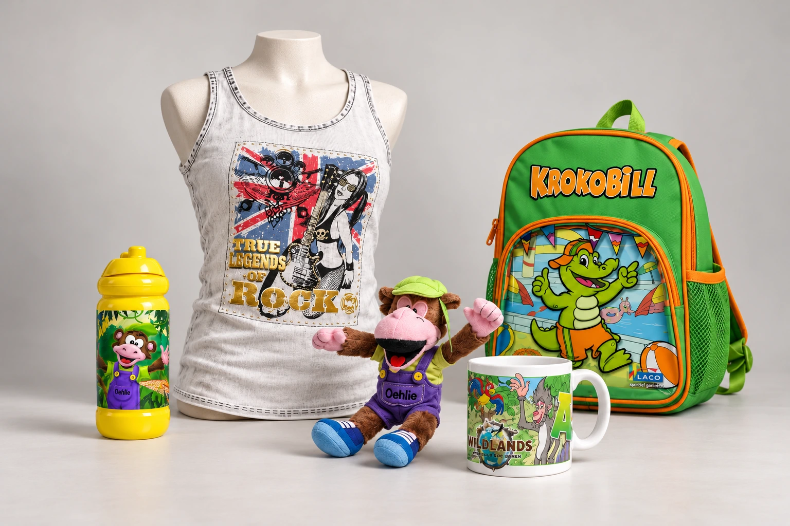 Design visualisation of fashion and merchandise: rock-print top, Krokobill backpack, Oehlie products and Wildlands mug