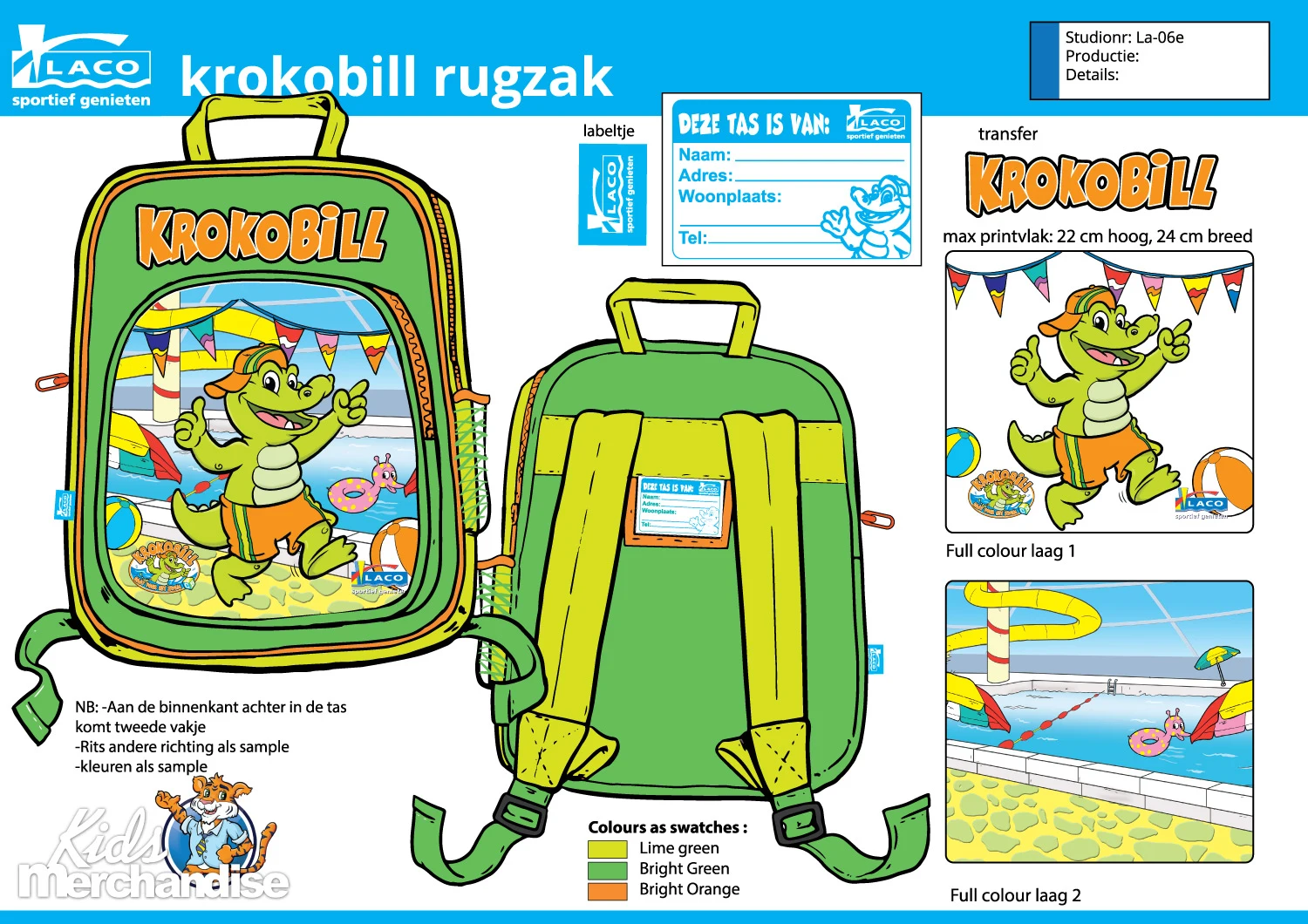 Technical design drawing of the Krokobill backpack with front and back views, colour and label details