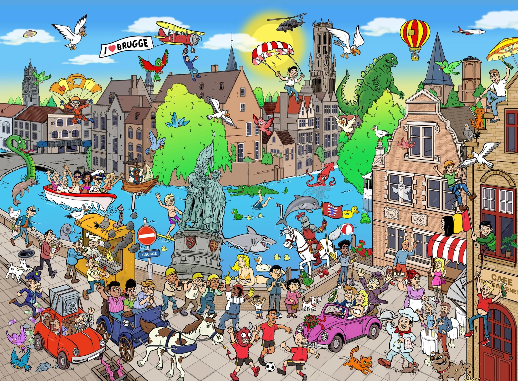The original Bruges illustration with historical buildings and cartoon characters