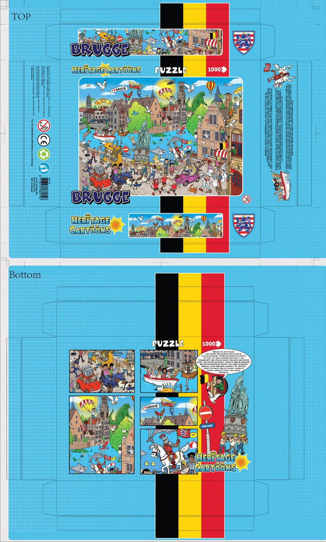 Flat packaging artwork for the Bruges puzzle box, showing front, back and side panels