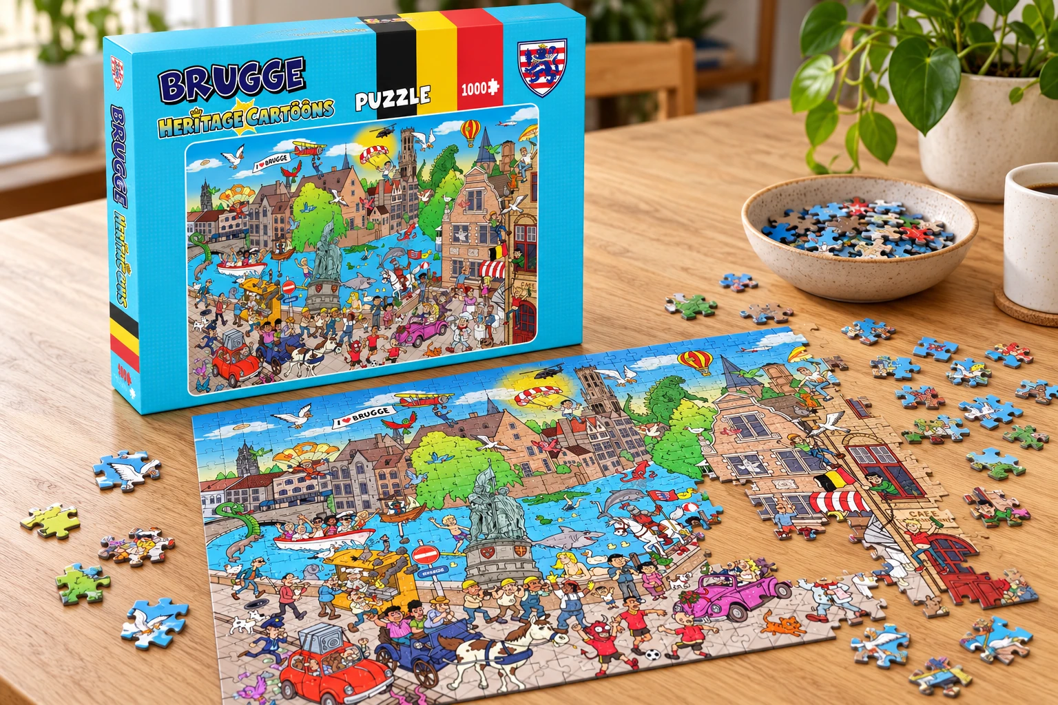 Product visualisation of the Bruges puzzle box with a partly completed puzzle and loose pieces