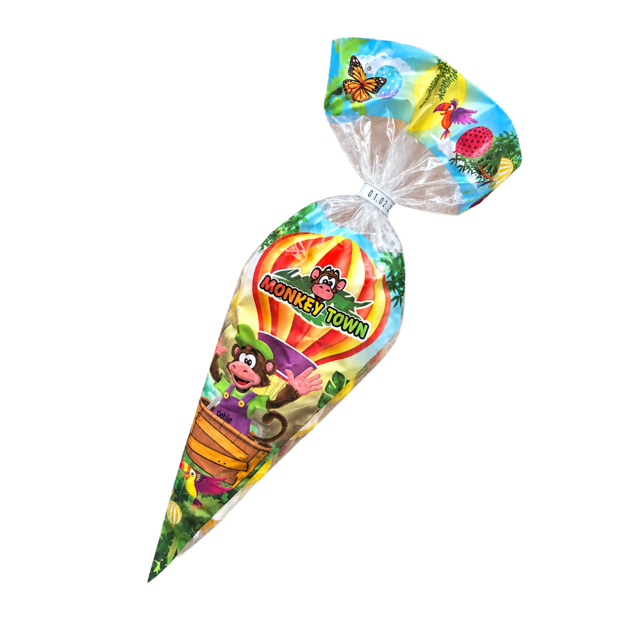 Monkey Town cone-shaped sweet bag with Oehlie artwork and a transparent top