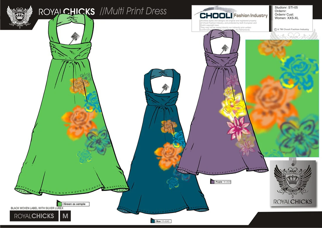 Design sheet for Royal Chicks halterneck dresses with floral prints in green, petrol and purple
