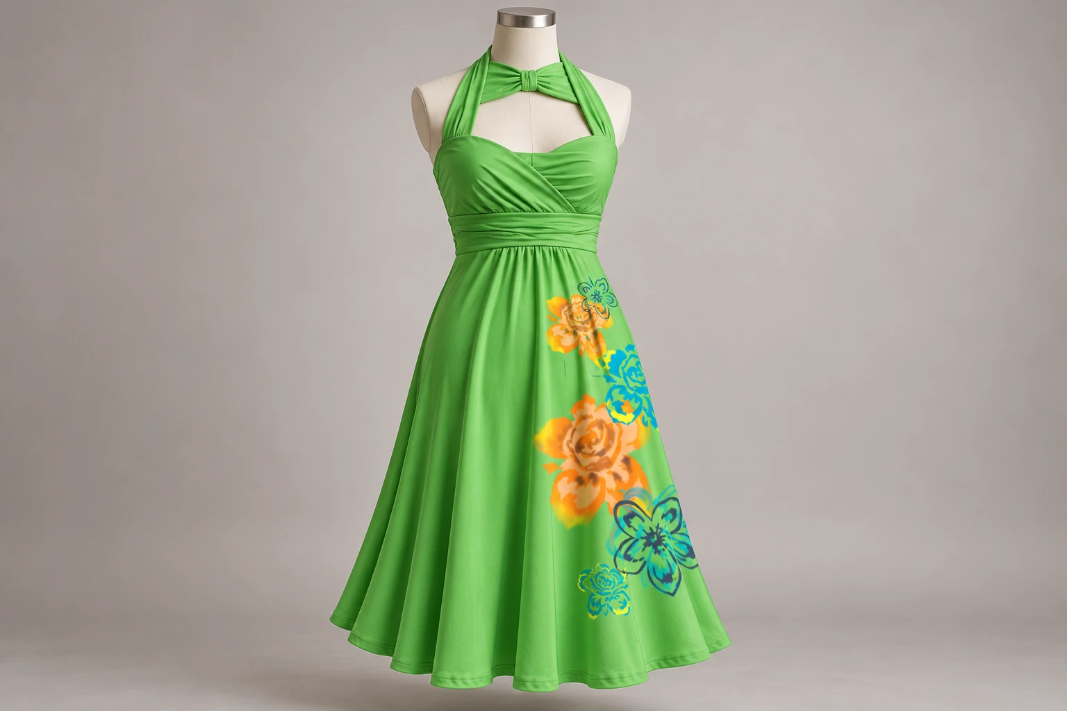 Realistic visualisation of the green Royal Chicks halterneck dress with an asymmetric floral print