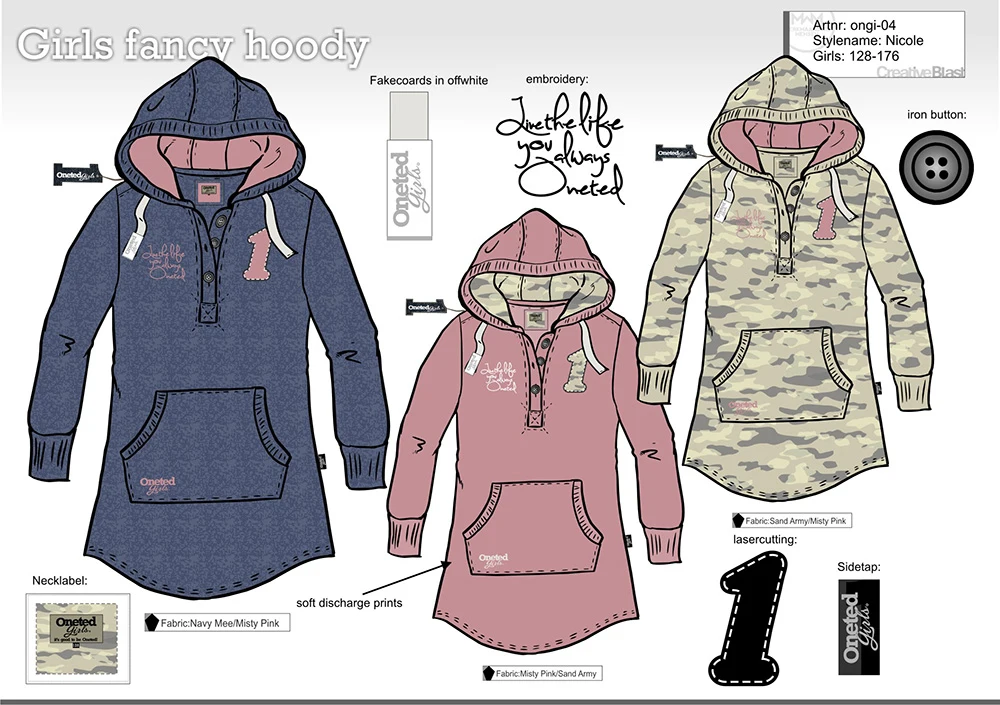 Oneted Girls design sheet with long hoodies in several colours and variations