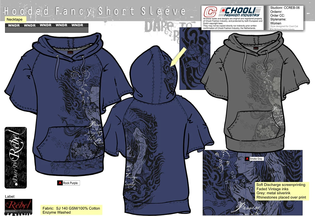 Design sheet for a short-sleeved hooded shirt in several colourways