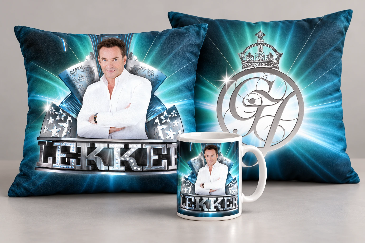 Product visualisation of Gerard Joling mugs and cushions with LEKKER artwork and the crowned GJ monogram