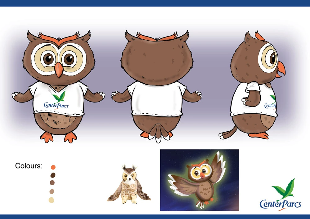 Design sheet of a brown owl soft toy for Center Parcs, showing different views