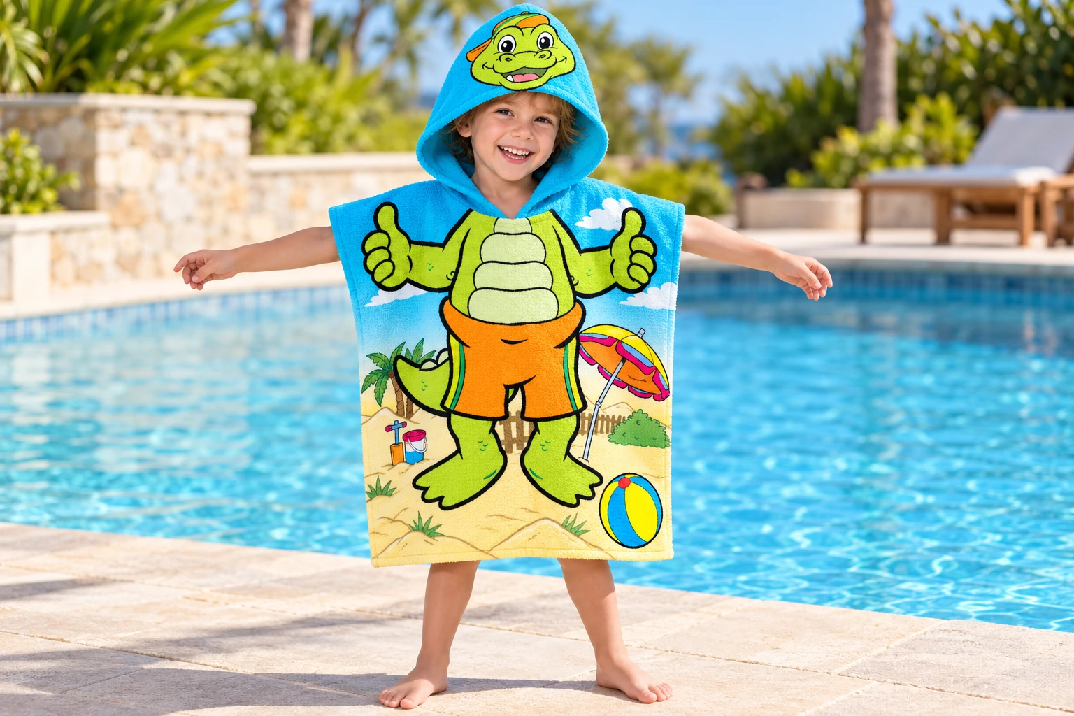 A child wearing a blue Krokobill towel poncho with the character on the hood and a beach illustration on the fabric