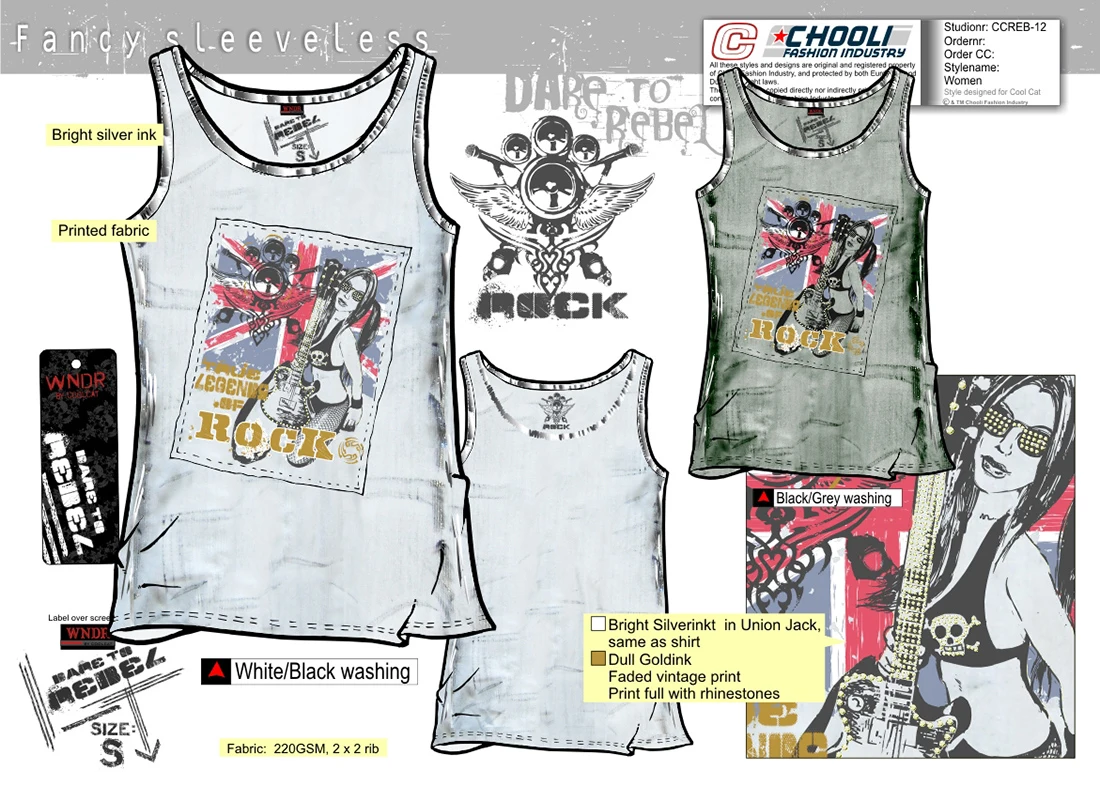 Technical design of a rock-print top with colourways, artwork, labels and instructions for gold and silver printing
