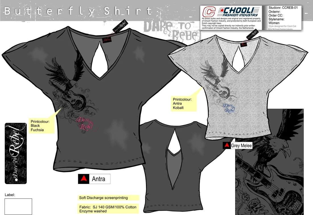 Design sheet for a butterfly-print shirt with neckline detail and colourways