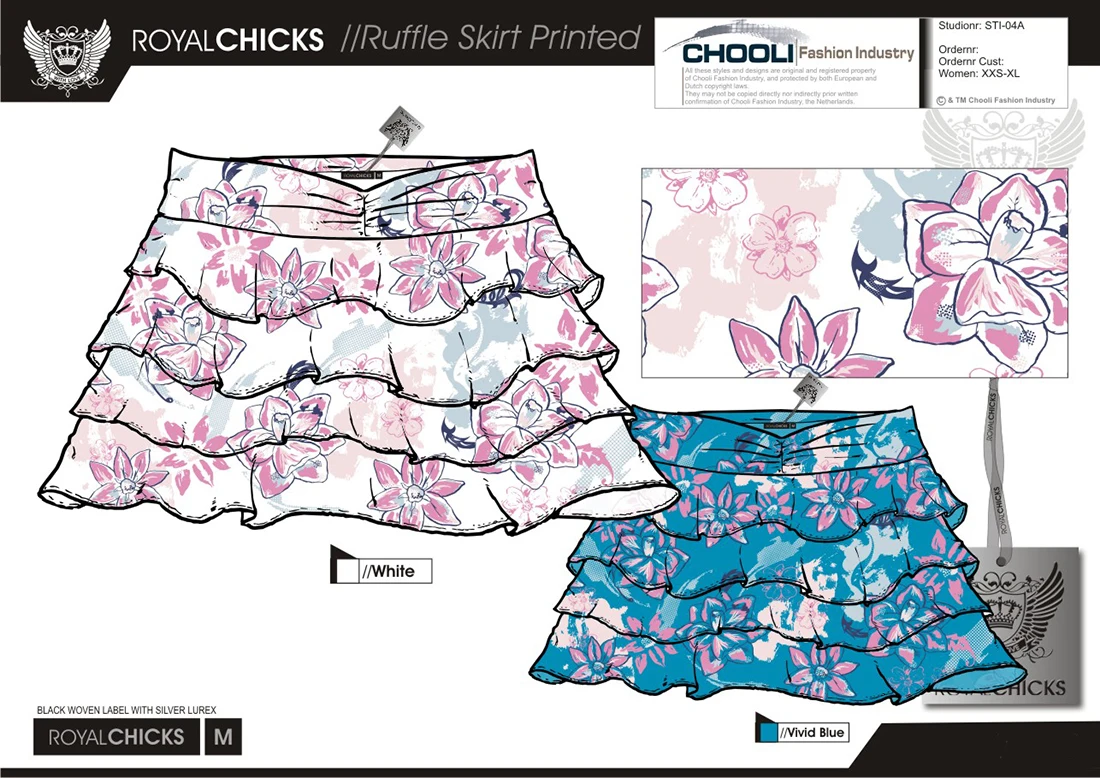 Royal Chicks design sheet for a layered ruffle skirt with a floral pattern