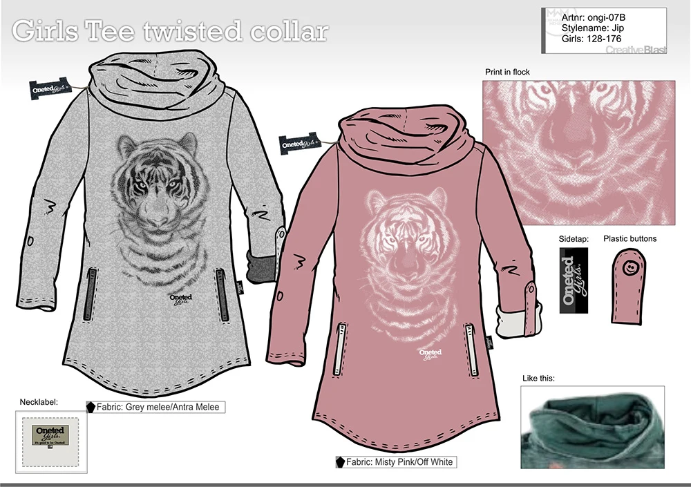 Original Oneted Girls design sheet with tiger print, draped collar, fabric and finishing details