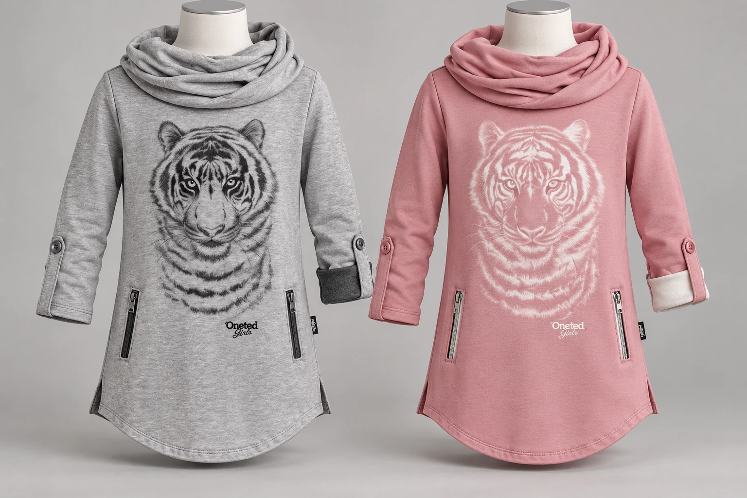 Realistic visualisation of grey and pink Oneted Girls tunics with tiger prints and draped collars