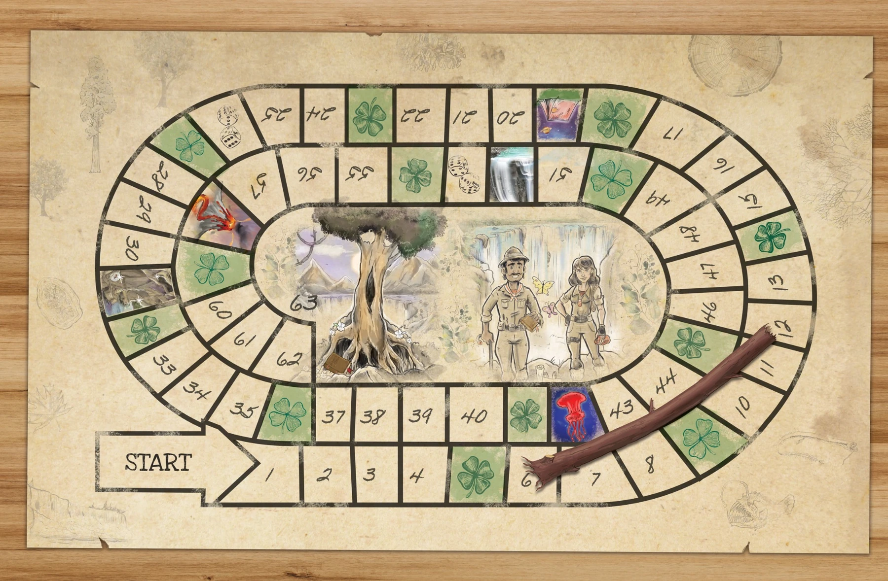 The original Wonders of Nature board game with explorers and a route on parchment