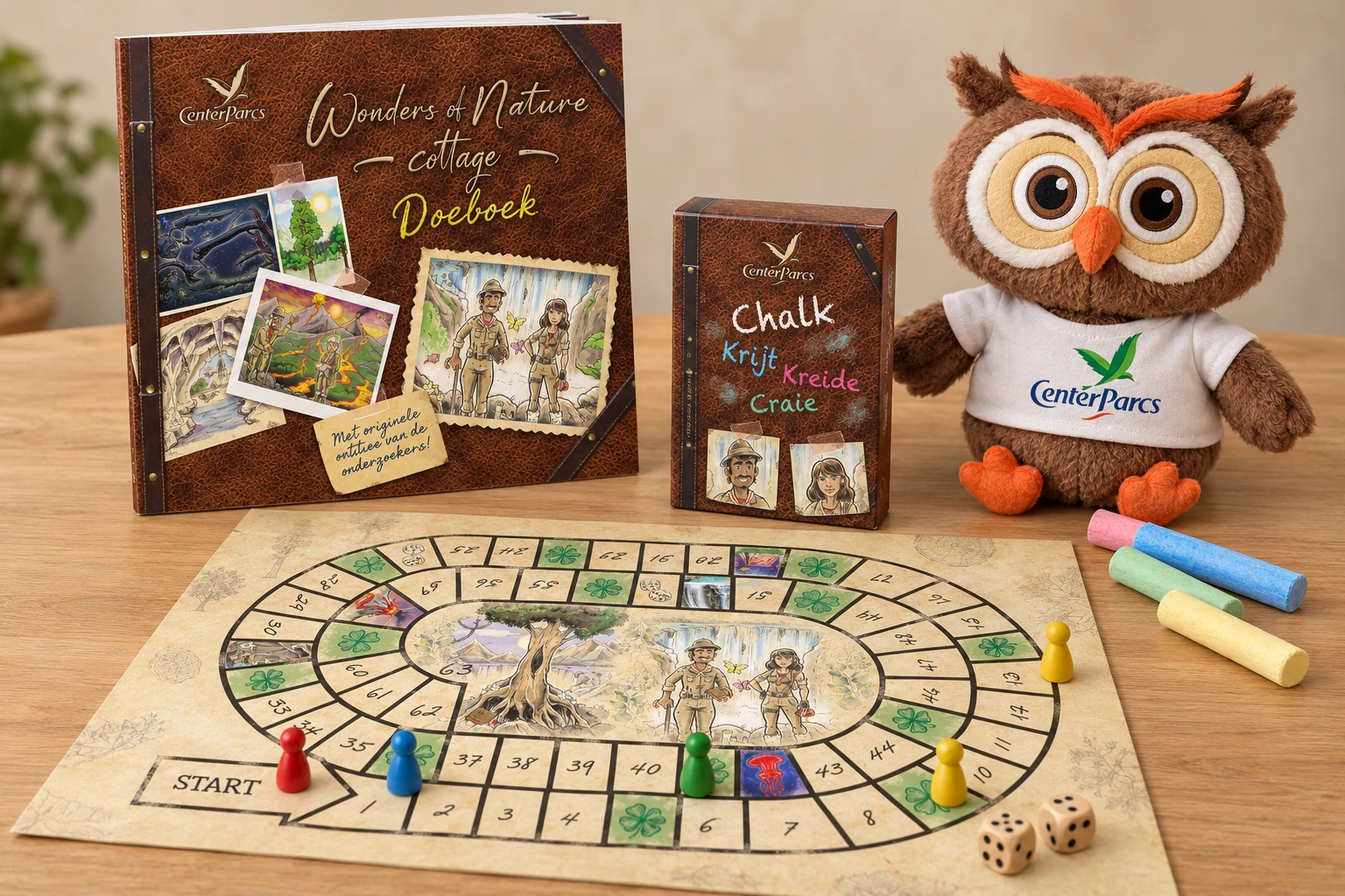 Product visualisation of Center Parcs Wonders of Nature merchandise: activity book, board game, chalk packaging and owl soft toy