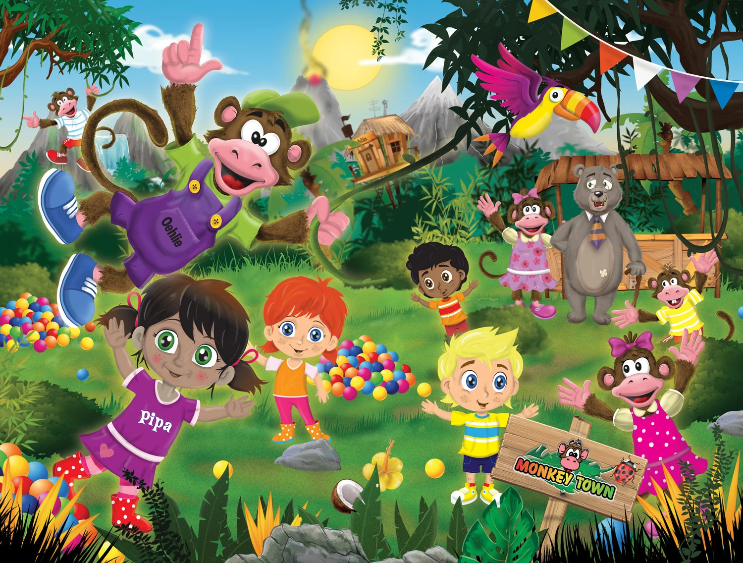 Oehlie, kinderen en andere personages in een kleurrijke junglewereld