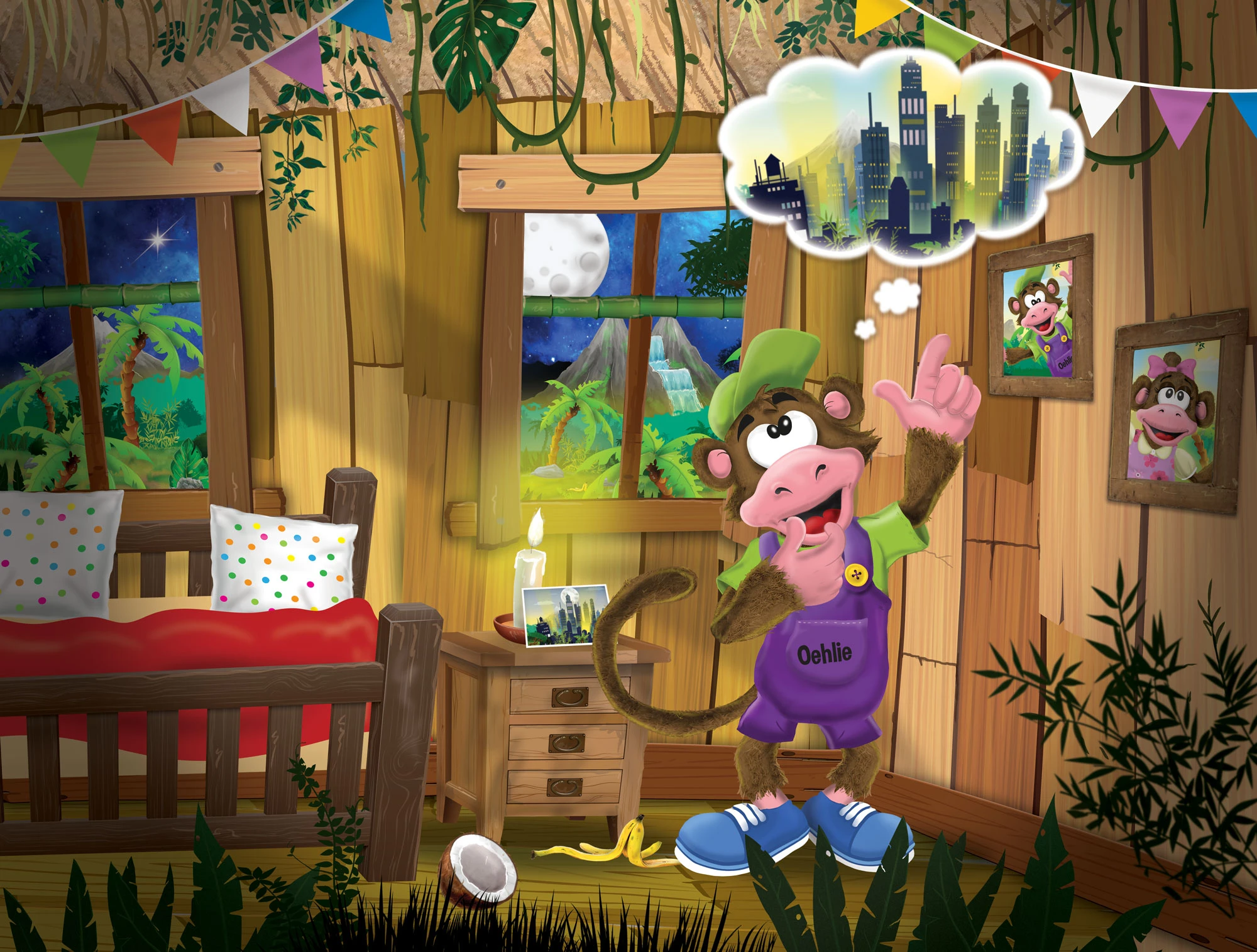 Oehlie in zijn houten huis met een gedachtewolk boven zijn hoofd